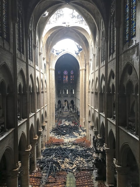 Post-fire interior of the cathedral’s facing alter. (Photo credit: Friends of Notre-Dame de Paris.)