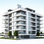 3D rendering of a luxury apartment or condo building, isolated on white background.