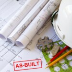 Construction project plans with drawing supplies and a hard hat.