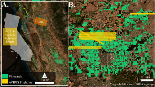 The area where AVIRIS-NG collected data when flying over vineyards (left) and a zoomed-in view of the flight lines that collected spectroscopic imagery over vineyards (right). Image source: JGR Biosciences.