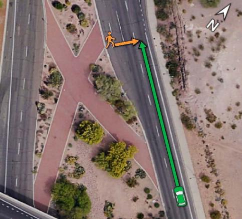 The report shows the X-shapes brick paved walkway that Elaine Hertzberg used before her fateful collision. The NTSB report refers to the walkway as “landscaping.” (Image courtesy of NTSB report.)