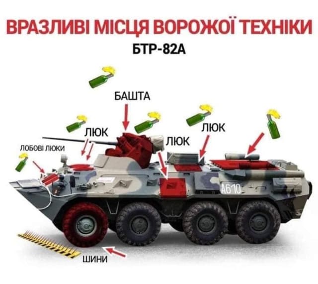Ukrainian guide as to where to serve Russians a Molotov cocktail on their armored troop carrier. Image: Ukraine Ministry of Defence.
