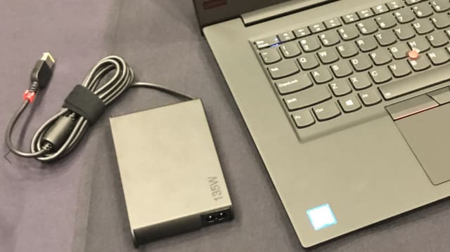 Downsized also is the power supply. Previous “mobile” workstations would hide the brick-sized power supply. Lenovo’s thoughtfulness extends to the 135-Watt power supply. Note the small tabs – they will hold the cord if the user coils the cord around the power supply.
