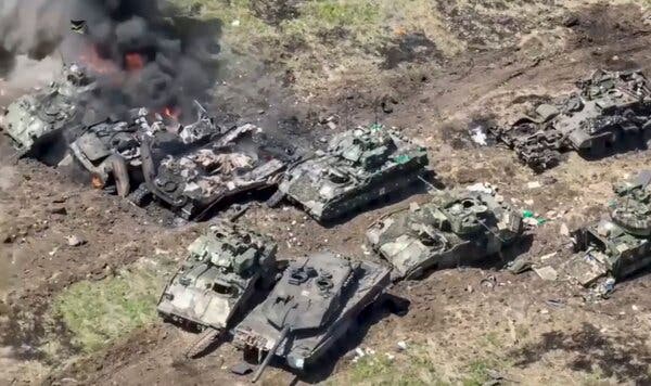 Armored vehicles litter the battlefield. Destroyed Bradley vehicles and Leopard tanks in Ukraine’s Zaporizhzhia region in a photo released by Russia.
