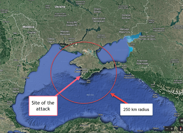 A 250 km ring around Sevastopol shows the maximum range of the Storm Shadow cruise missile. Image: Google Maps.